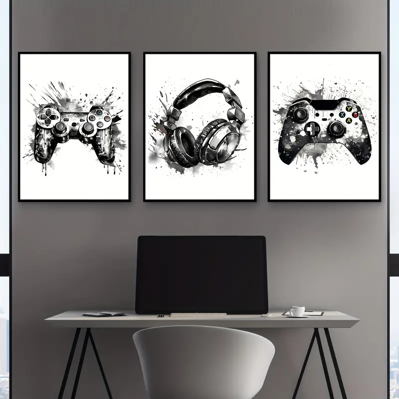 Gaming Accessories Bedroom - 3枚組フレームレスキャンバス絵画 3枚セット ゲーミンググラフィティ ゲームパッド イヤホン 面白いウォールアート